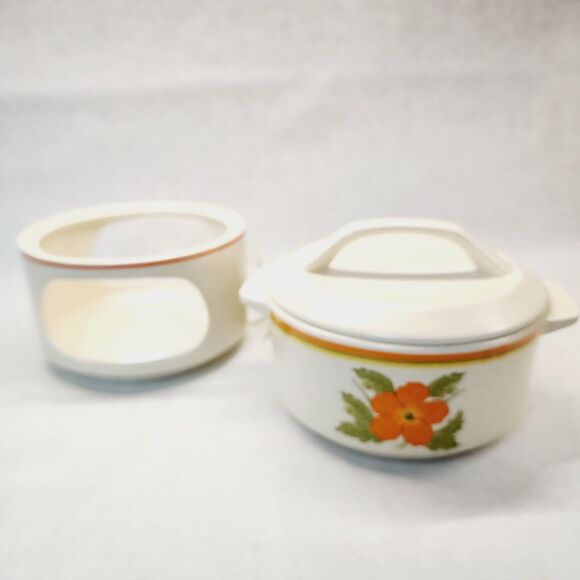 Vintage Orange Poppy Fire Flower Temper-Ware Lenox Casserole Lid Stand 1970s Mod - Picture 3 of 11